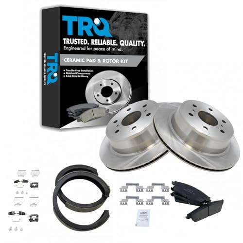 Image of TRQ Rear Brake Pad & Rotor Set Ceramic Parking Shoes Compatible with 2007-2014 Chevrolet Silverado Tahoe Suburban 1500 Avalanche 2007-2013 GMC Sierra Yukon XL 1500 2007-2010 Cadillac Escalade ESV EXT