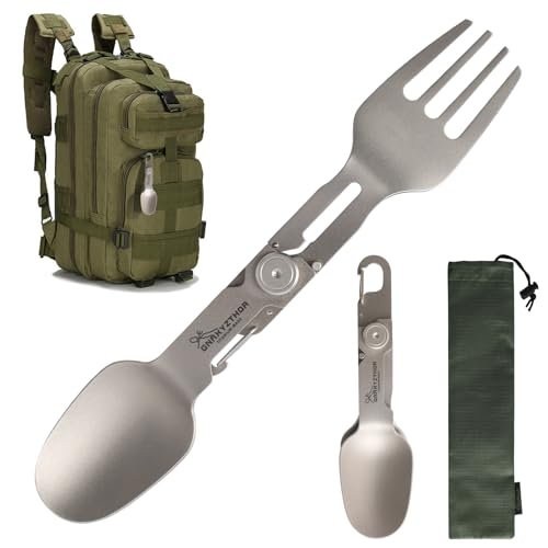 Gnaxyzthor Klappgabel und Löffel aus Reines Titan, 2 in 1 Faltbarer Löffel und Gabel für Camping, Drehbarer Göffel aus Titan, Campingkochausrüstung und Zubehör, Geeignet für Wanderer