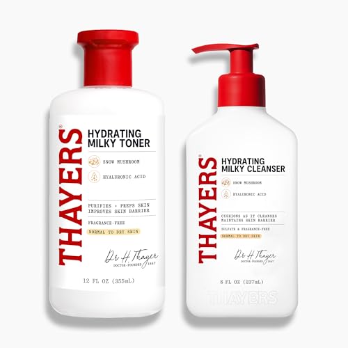 Thayers Milky Face Cleanser 8 FL Oz + Thayers Milky Toner 12 FL Oz with Snow Mushroom and Hyaluronic Acid, Dermatologist Recommended Hydrating Skincare for Dry and Sensitive Skin Bundle