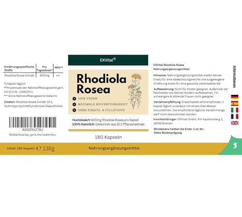 Rhodiola Rosea Kapseln, 180 Kapseln –600mg Rosenwurz pro Kapsel,10:1 Pflanzenextrakt, hochdosiert, vegan & ohne Zusätze