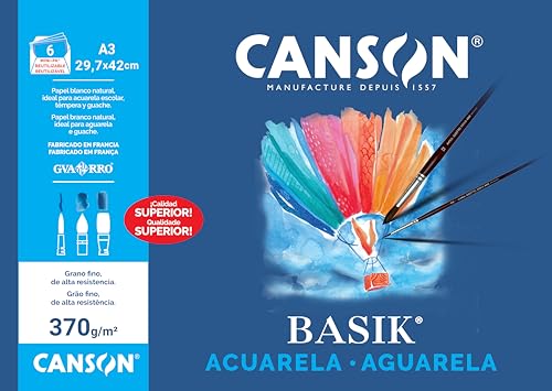 Canson Acuarela y Tempera Basik, Papel de acuarela, Grando ligero, 370gsm, Minipack, A3-29,7x42cm, Blanco natural, 6 hojas