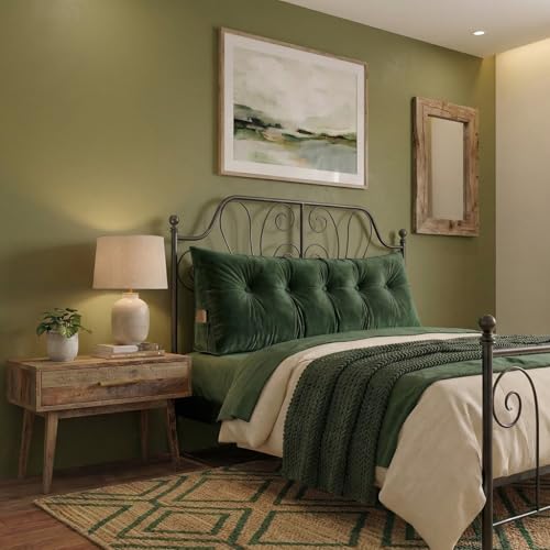 Image of Luxury Velvet Tufted Wedge Pillow with Side Pocket - Soft Headboard Back Support Cushion for Bed, Sofa & Floor Seating - Green Color