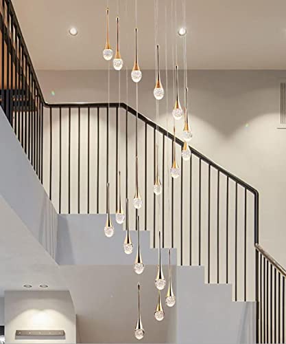 150'' Long Staircase Crystal Pendant Chandeliers 36Light Gold Column Crystal Chandeliers Foyer Entrance High Ceiling Hanging Chandelier 2700-6000K Dimmable Fixtures Living Room Led Big Chandeliers #TOP7