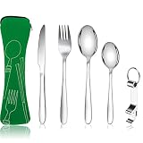 XOPOZON® Lot de 5 Couverts de Camping, Ensemble de Couverts Transportables, Couverts en Acier Inoxydable avec Sac en Néoprène Idéal pour les Voyages le Bureau et le Camping (Vert)