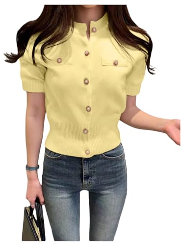 GORGLITTER Women's Short Sleeve Knitted Cardigan Button Down Crew Neck Old Money Sweater