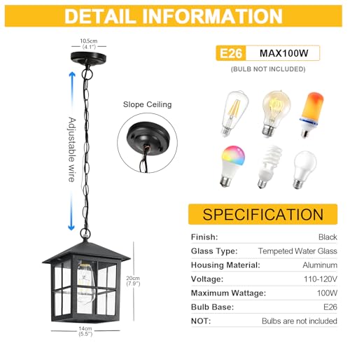 Black Outdoor Pendant Light, Porch Doorway Hallway Exterior Hanging Lights with Adjustable Chain Waterproof Outside Hanging Lantern Fixture Indoor Home Dinning Room Kitchen Island (Black, 2 Pack)