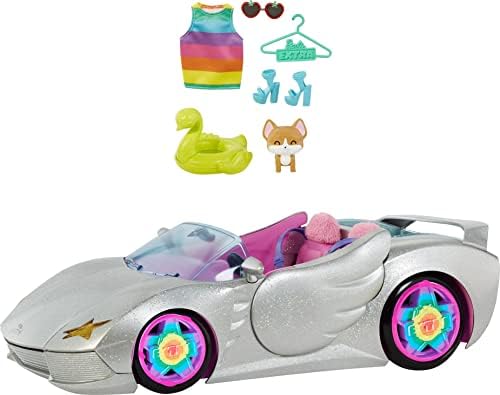 Barbie Car, Barbie Extra Set, Sparkly Silver 2-Seater Toy Convertible with Puppy and Accessories, Gifts for Kids