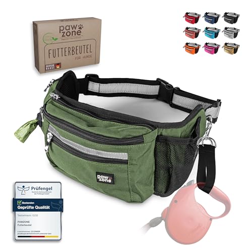 PAWZONE Futterbeutel Hunde - Leckerlibeutel für Hunde - Bauchtasche für Hunde Zubehör - Leckerlitasche für Hunde - Inkl. Reflektorband & Zusatzgurt für Flexileine (Olivgrün)