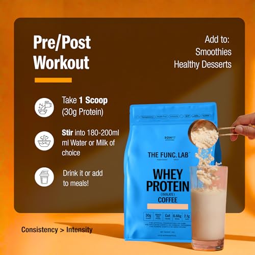 Image of The Func. Lab Whey Protein Isolate - Coffee Flavour | 1 kg | Grass‑Fed, 30g Protein, 6.66g BCAA per Scoop | High Protein Supplement for Muscle Growth, Digestion and Absorption Support