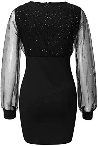 Cocktail Dresses For Women,Retro Elegant Wrap V Neck Long Sleeve Lantern Slim Fit Mesh Sequins Mini Dress,Business Pencil Skirt,Sexy Bodycon Formal Party Dresses(Black,Xx-Large) #TOP3