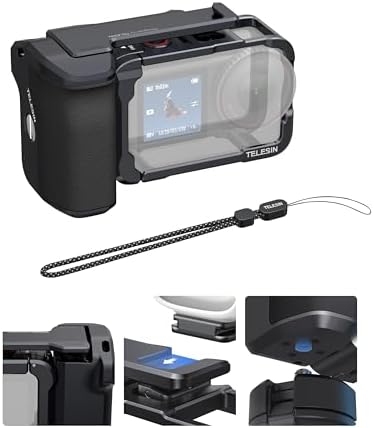 TELESIN Metal Aluminum Alloy Street Grip Kit for DJI Action 6 with Metal Cage Camera Grip Holder with Seesaw Shutter Button Aluminum Alloy Shell Backup TF Card Slot Quick Battery Access