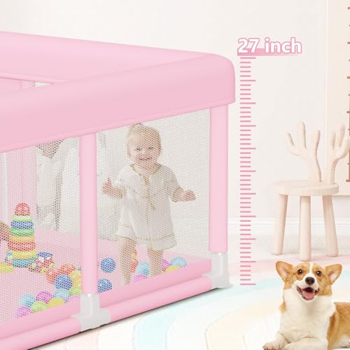 Image of Large Baby Playpen 74 inchx50 inch, Baby Girl Play Pen for Babies and Toddlers Pink, Safe Structure and Soft, Skin-Friendly Fabric with Zipper Gates