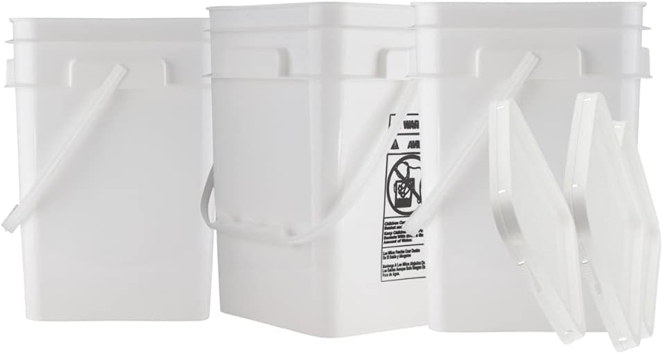 House Naturals 4 Gallon Square Food Grade Bucket Pail with Plastic Handles and Lid (Pack of 3) Made in USA containers (White)
