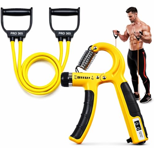 Image of PRO365 Adjustable Hand Gripper with Counter (5-60Kg) + Resistance Toning Tube | Grip Strength Trainer for Wrist, Forearm & Hands | Latex Fitness Tube Combo | Home Workout Equipment | 1 Year Brand Warranty
