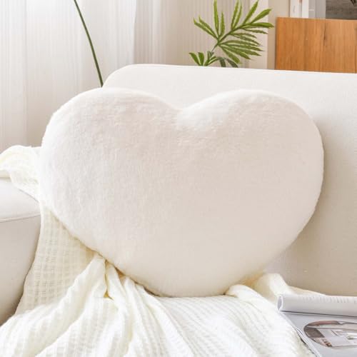 XVTRU Ivory Heart Pillows, Cute Heart Decorative Pillow, Heart Shaped Throw Pillows for Bed, Faux Rabbit Fur Plush Hoom Decor Pillow Cushion for Chair Sofa Living Room (Mini 12.9" x 9.8")
