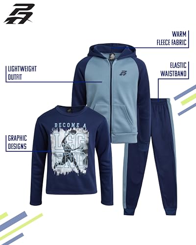 Pro Athlete Boys Tracksuit Set - 3 Piece Long Sleeve Graphic Tees Fleece Zip Up Hoodie Sweatshirt and Sweatpants for Boys, Size 8, Blue/Navy