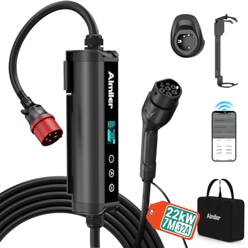 AIMILER Cargador Coche Eléctrico 22kW CE/TUV Wallbox Trifásico con App, [16-32A] 7M Cargador de Coche Eléctrico con Cable Tipo 2, Estación de Carga IP66 con RCD para Model Y/3 y Otros BEV/PHEV
