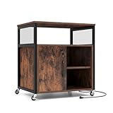 GOPLUS Rollcontainer, mobiler Aktenschrank mit Ladestation & Schloss, Bürocontainer mit verstellbaren Ablagen, Metallrahmen & Kabelführungsloch, Druckerständer Büro für Büro & Wohnzimmer (Braun)