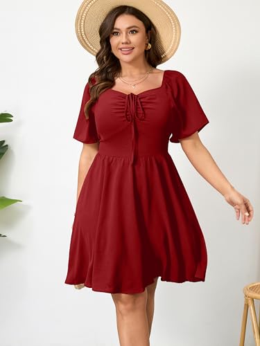 Image of RWJ Women Plus Size Summer Dress Short Sleeve Tie Front Sweetheart Neck Casual Mini Wedding Guest Dresses 2025