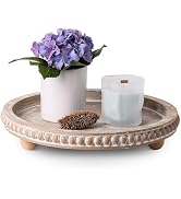 Nacidooka Decorative Coffee Table Tray, Round Wooden Tray Decor -Beige Beaded Distressed Rustic F...