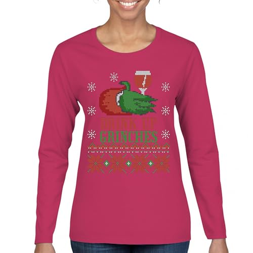 Camiseta feminina manga longa Drink Up Grinches Ugly Sweater Christmas Drinking, Rosa choque, P