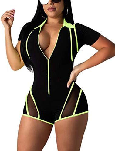 Mokoru Women's Sexy One Piece Club Outfits Front Zipper Bodycon Romper Shorts Jumpsuit Pants, Medium, (Short Sleeve Green