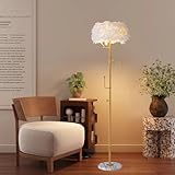 RaGiBow Feather Floor lamp with Coat Rack，Unique Jacket Hook Standing Floor lamp Luxury Decoration Gold Tall lamp White Feather Lamps for Living Room、Bedroom