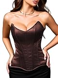 EHSUYAB Women Satin Overbust Corset Top, 15 Steel Boned Lace Up Shapewear, Xs-6Xl Sexy Bustier Formal Evening Party Going Out Brown Medium