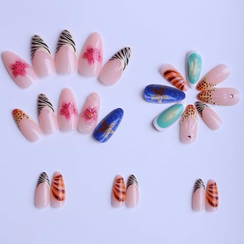 Image of French Tip Press on Nails with Starfish Flower Design Fake Nails Zebra Pattern Stick on Nail Glossy Full Cover Medium Almond False Nail for Women Manicure 24Pcs