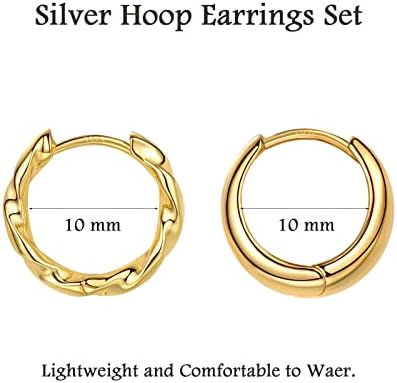 Silver Hoops Earrings for Women, 2 Pairs White Gold Chunky Twist Cartilage Huggie Hoop Earrings Set, Hypoallergenic Sterling Silver Post Small Sleeper Earring for Girls Men Gifts, 8/10mm
