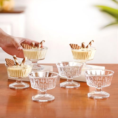 Image of Nestasia Transparent Glass Bowl Set of 6 for Ice Cream (120ml Each) - Embossed Dessert Bowls for Sundae, Sweets & Pudding | Food Safe & Heat Resistant - Perfect for Gifting