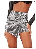 SHENHE Women's Glitter Shiny Shorts O Ring Wrap Skort Skirt Party Rave Sparkle Shorts Silver Large