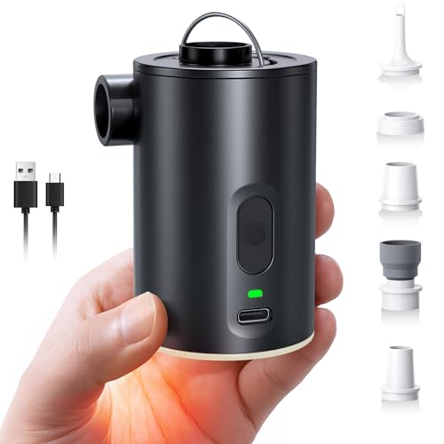 Portable Air Pump for Inflatables, Ultra-Mini Air Mattress Pump 4X with Camping Light & 5 Nozzles, 1600mAh USB Rechargeable, Quick Inflate Deflate for Pool Floats, Swim Rings, Vacuum