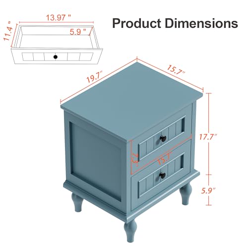 Scurrty Nightstand Set of 2, Antique Style End Table with 2 Drawers, Taller Nightstand for Bedroom, Side Table for Bedroom (Blue, Double)