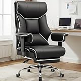 COMHOMA Big and Tall Office Chair 400lbs High Back Gaming Chair with Ergonomic Lumbar Support & Pocket Spring Cushion for Lower Back Pain Relief, Leather Executive Chair with Foot Rest, White/Black