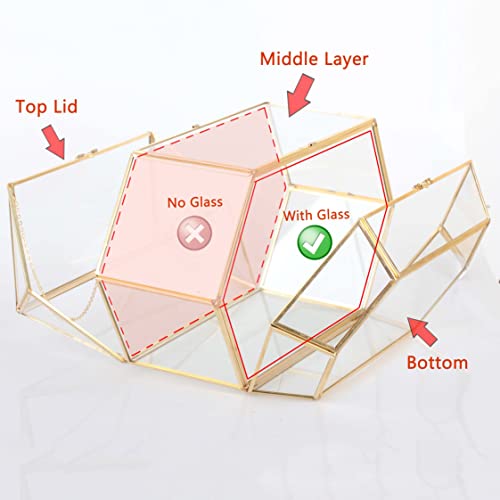 Ncyp 12.8 X 6.9 X 9Inches Gold Geometric Glass Wedding Card Box, Large Handmade Double-Sided Opening Box With Swing Lid For Display Keepsake Reception Envelope, Glass Box Only #TOP4