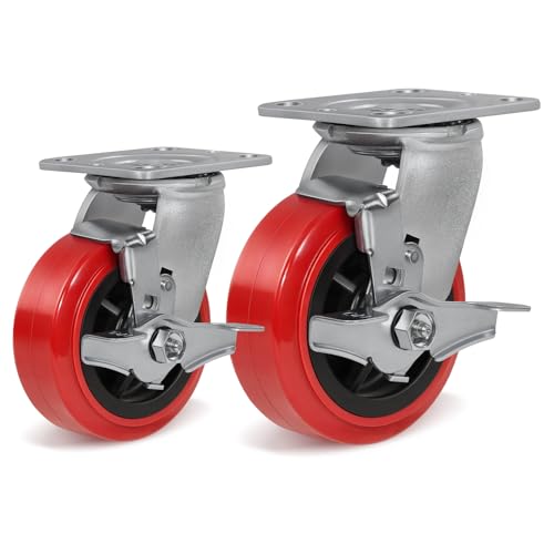 LONGRUNFORU 5 Inch Polyurethane Swivel Caster with Brake Heavy Duty 800 lbs – 5x2 Locking Industrial Cart Dolly Toolbox Trolley Replacement Wheel