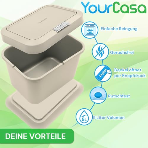 YourCasa Biomülleimer Küche 5L - geruchsdichter Bio Mülleimer mit Deckel & Knopfdruck-Mechanismus - Komposteimer & Bioabfallbehälter klein für Biomüll (Creme)