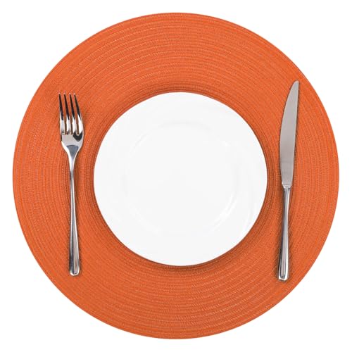 Image of SHACOS Round Placemats Set of 6 Polyester 15 inch Round Braided Place Mats Washable Non Slip Kitchen Dining Table Mats Autumn Fall Placemats Decor, Bright Orange