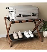 FLYJOE Luggage Rack, Solid Oak Wood Folding Suitcase Stand with Storage Shelf, Luggage Stand with...