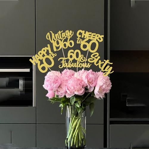 Image of 15 PCS 60th Birthday Centerpiece Sticks Sixty Happy 60th Vintage 1966 Table Flower Centerpieces Sticks Cheers to 60 Fabulous Floral Decorations for 60th Birthday Party Centerpieces Supplies Gold