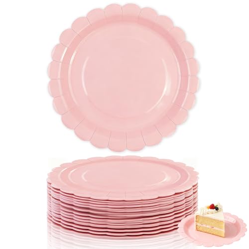 Lot de 50 assiettes en carton rose - Forme de fleurs - Assiettes rondes en carton - Assiettes en carton ondulées de 22,9 cm - Pour anniversaire, mariage,...