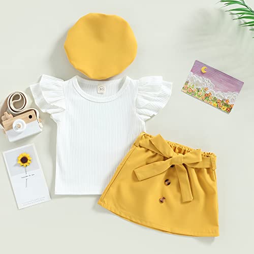 Mubineo Toddler Baby Girl 2Pcs Summer Skirt Outfits Short Sleeve Shirt Tops Mini Skirts Hat Set (White Mustard Yellow 3Pcs, 9-12 Months) #TOP2