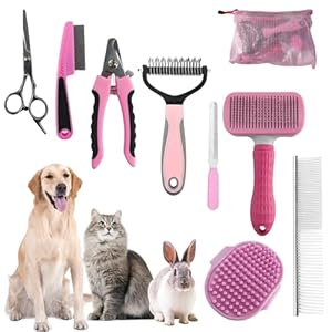 Dog Brush for Shedding,9 PCS in One Pet Slicker Hair Brush Kit with Pet Nail Clipper and File – Dog Cat Grooming Deshedding Undercoat Rake Brush Comb for All Small Large Dogs Cats Pink