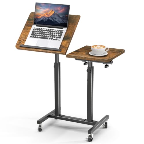 Elowen Double-Pole Portable Rolling Laptop Standing Desk with Wheels, Large-Size Tilting Overbed Bedside Table, Mobile Adjustable Height Computer Workstation for Office Home Use
