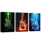 CXHOSTENT 3 Panels Guitar Canvas Wall Art Red Green Blue Guitar Pictures Print Musical Themed Pai...