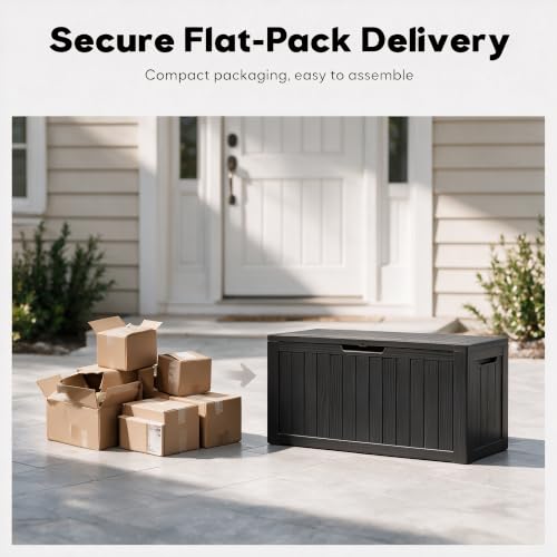 Image of 92 Gal Deck Box,Waterproof Resin Outdoor Storage Gas Lift,Lockable Black