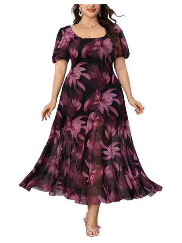 BEAUDRM Women's Plus Size Floral Mesh Long Dress Square Neck Puff Sleeve A Line Flowy Cocktail Wedding Guest Dress Pink 3X-Large Plus