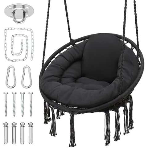 Monibloom Hanging Hammock Chair W/Large Padded Cushion, Macrame Swing Chair for Porch, Max 350 Lbs Capacity Hanging Swing for Adults & Teens, Comfy Hammock for Bedroom Relaxing Reading Napping, Black Cover