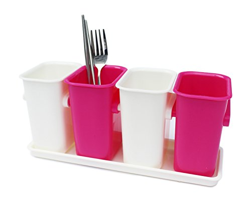 Honla Interlocking Plastic Flatware Caddy Organizer on Tray,Silverware,Cutlery,Utensil Drying Rack Holder for Kitchen Countertop Dining Table Storage,4 Compartment Drainer,Pink and White